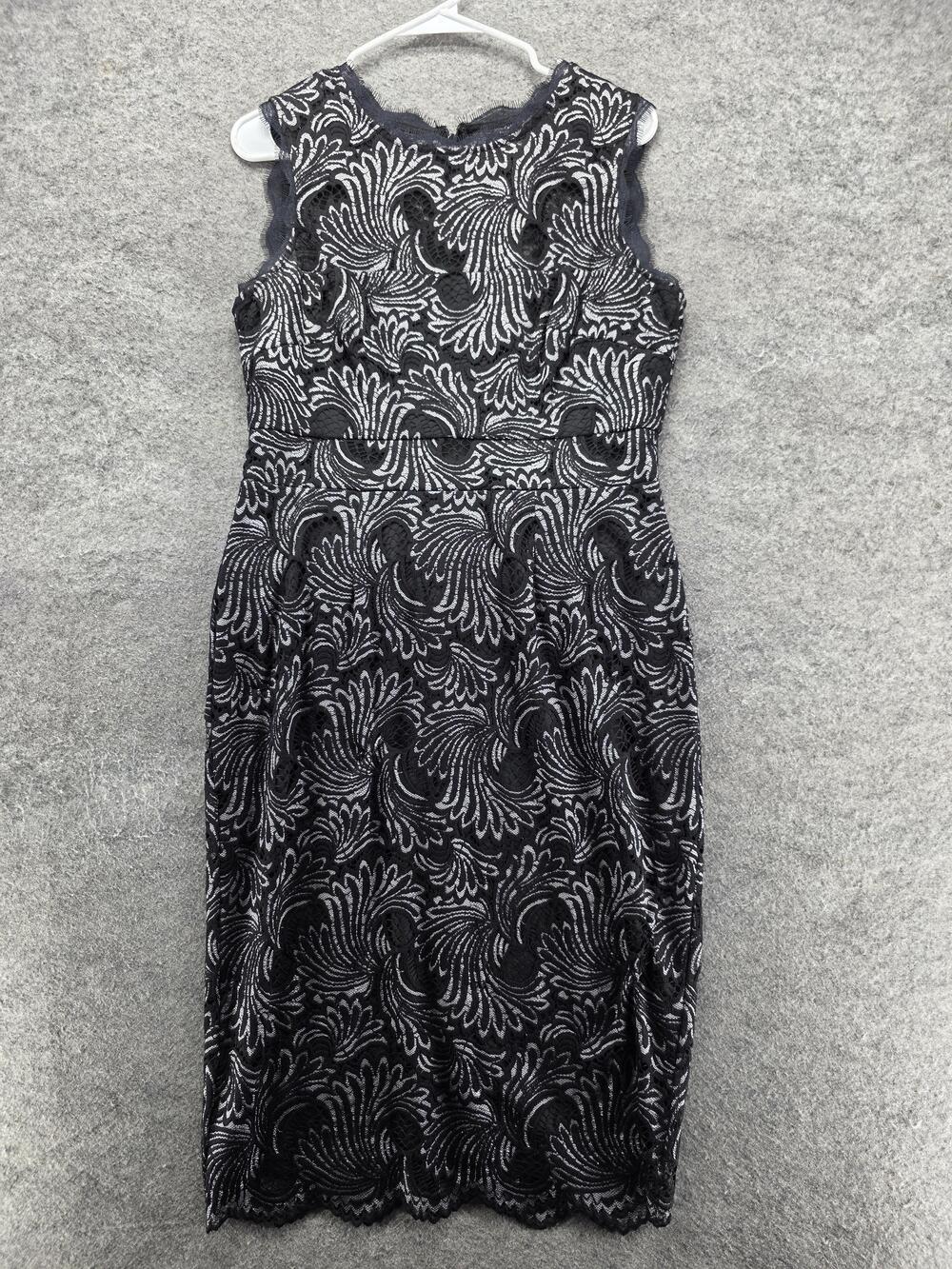 Adrianna Papell Dress Womens 6 Black Sheath Midi Round Neck Lace Embroidered